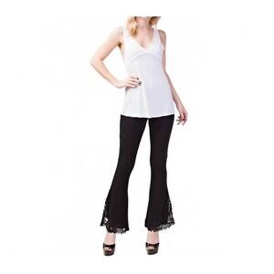 NEW VOCAL APPAREL knit bell bottom pants with crochet lace stone detail in black